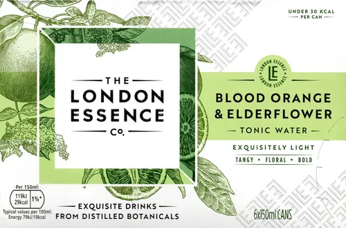 London Essence Blood Orange & Elderflower tonic water can with botanical design
