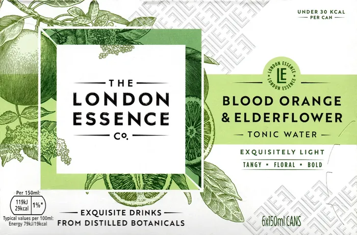 London Essence Blood Orange & Elderflower tonic water can with botanical design