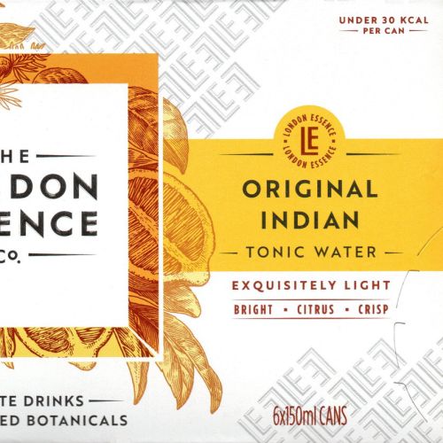 London Essence Co. Original Indian Tonic Water label with orange botanical border