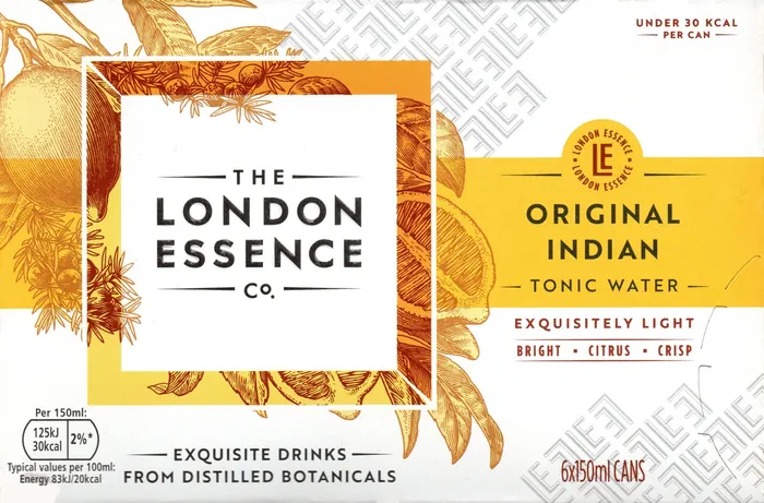London Essence Co. Original Indian Tonic Water label with orange botanical border