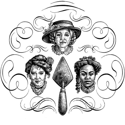 Three women's vintage portraits with a trowel and decorative flourishes
