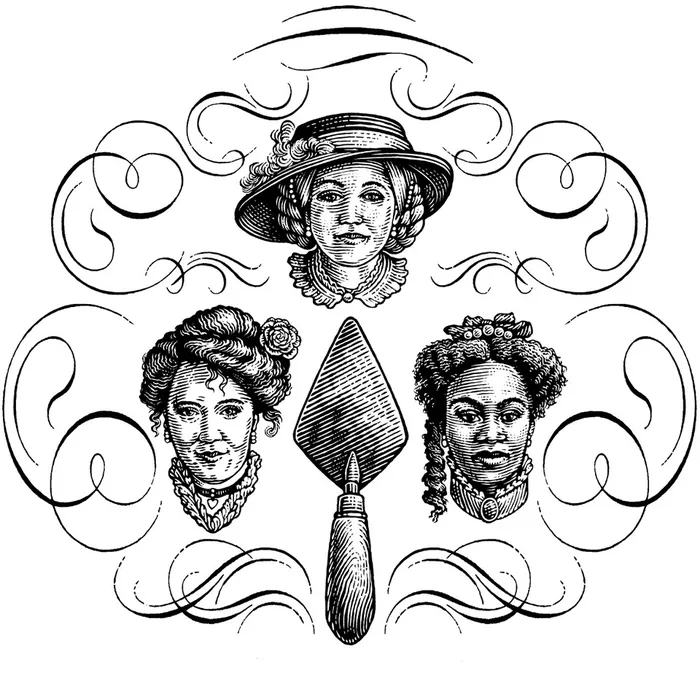 Three women's vintage portraits with a trowel and decorative flourishes