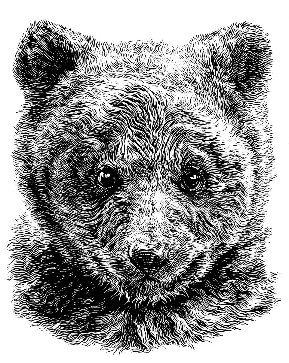 Illustration détaillée d'une tête d'ours en noir et blanc