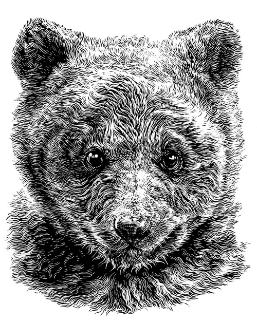 Black and white detailed bear head illustration