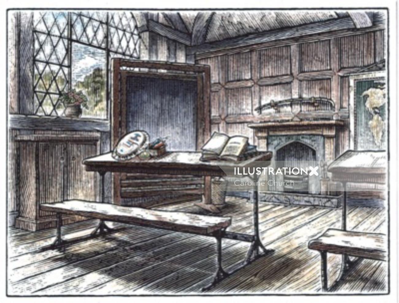 line and wash Victorian Classroom 