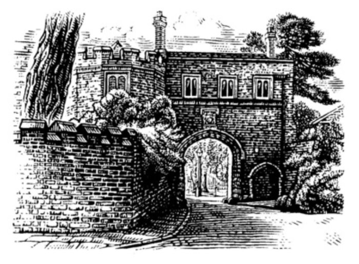 illustration of church drawn in engraving style