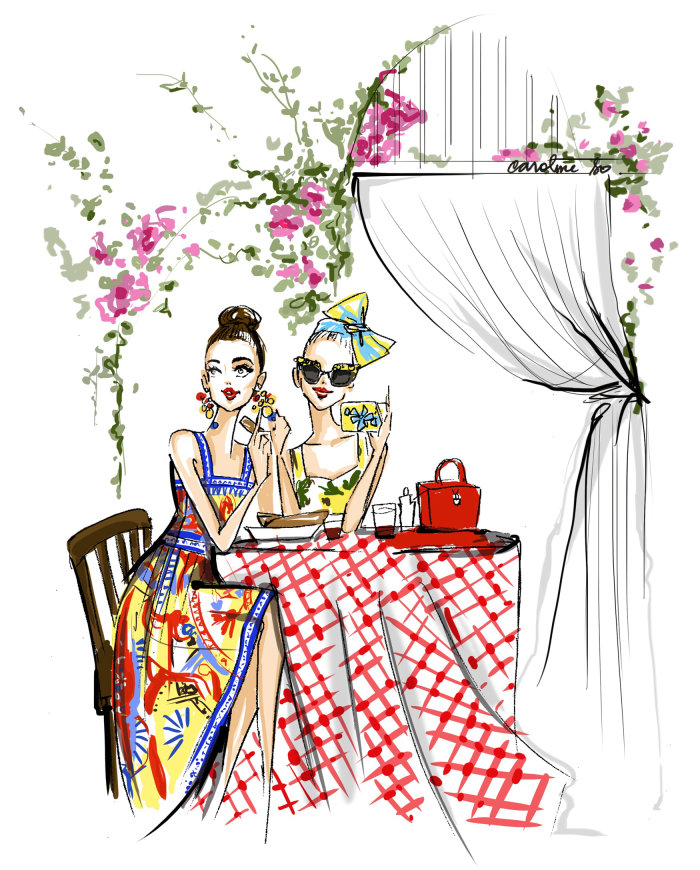 An illustration of fashion girls sitting in restaurant