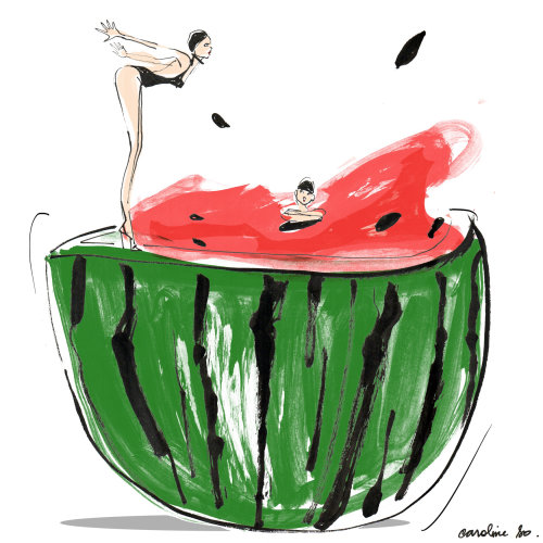 Une illustration de femme sautant dans la pastèque