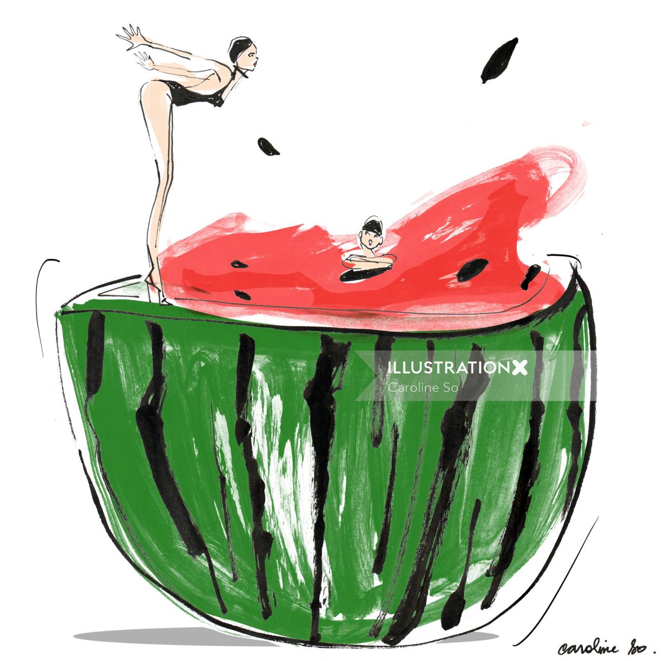 An illustration of woman jumping into watermelon