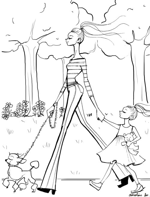 Line drawing of mother and daughter