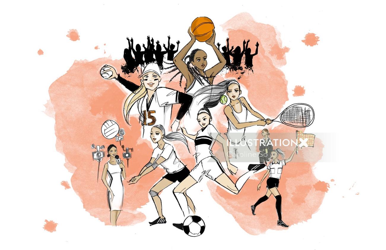 Editorial illustration of women sports players