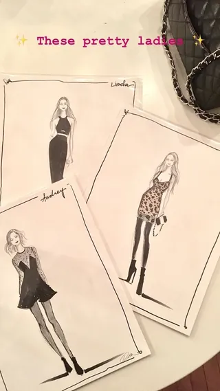Black and white fashion sketches of women in dresses by Caroline So