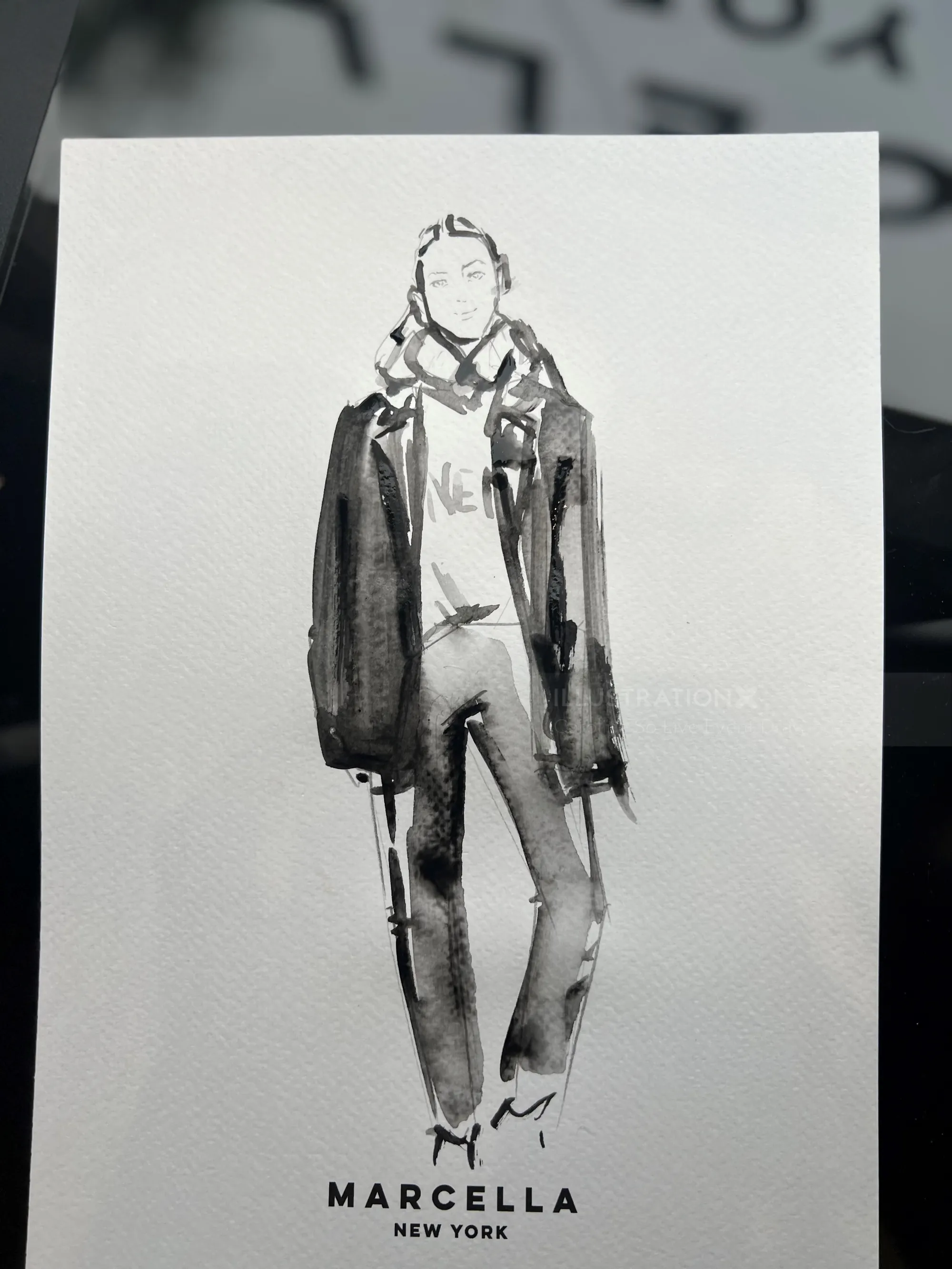 Black and white fashion sketch of a person wearing jacket and pants by Caroline So