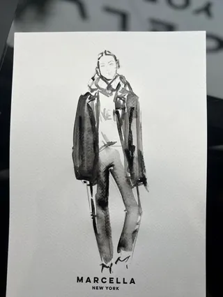 Black and white fashion sketch of a person wearing jacket and pants by Caroline So