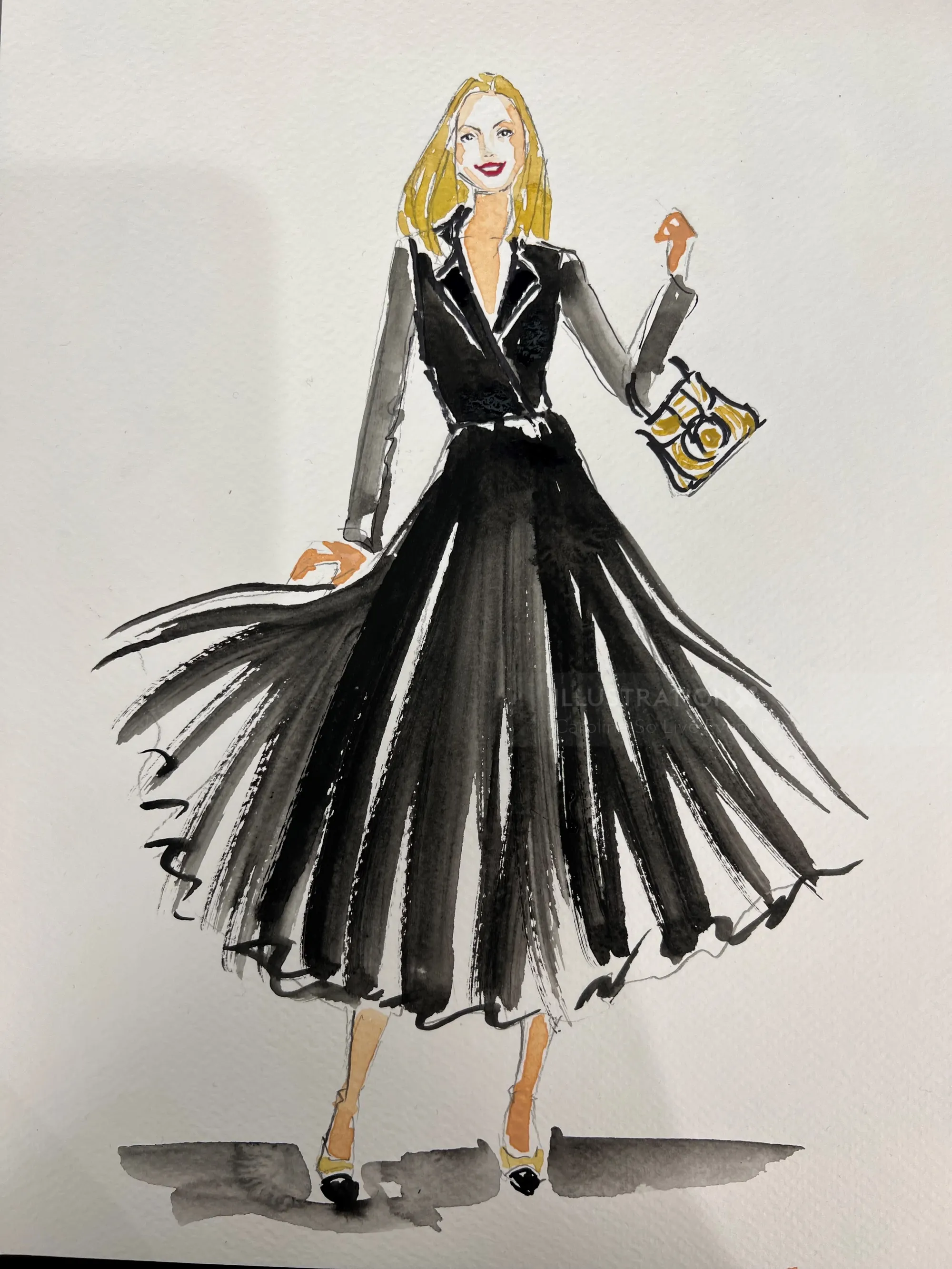 Stylized fashion illustration of a woman in a flowing black dress by Caroline So