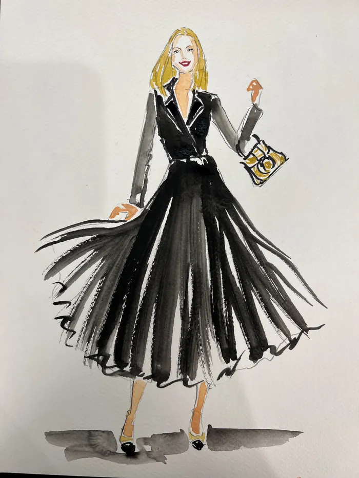 Stylized fashion illustration of a woman in a flowing black dress by Caroline So