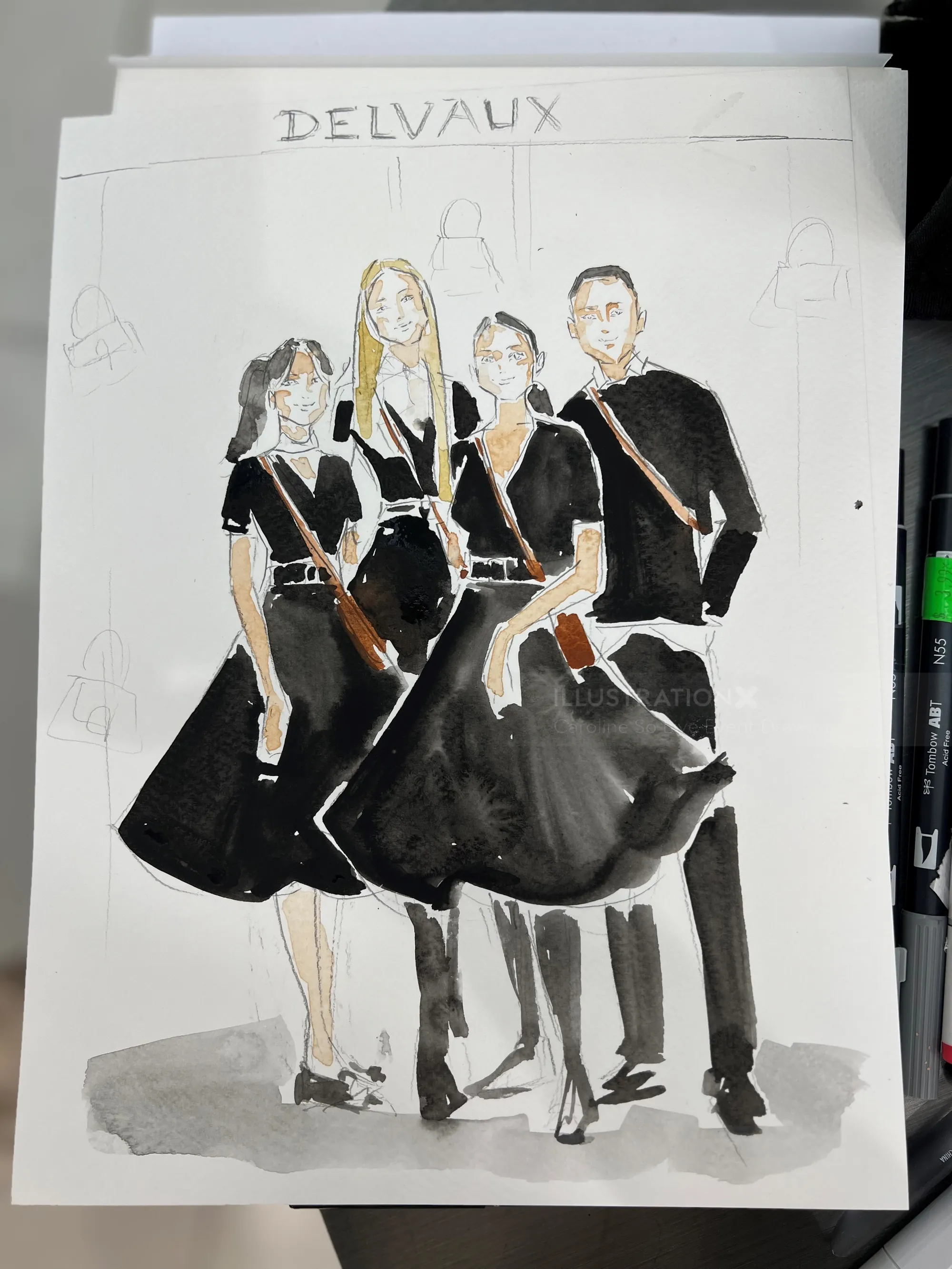 Watercolor portrait of four people in black clothing standing together, drawing by Caroline So