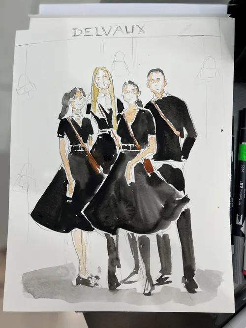 Watercolor portrait of four people in black clothing standing together, drawing by Caroline So