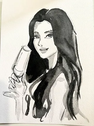 Elegant woman drinking in watercolor painting