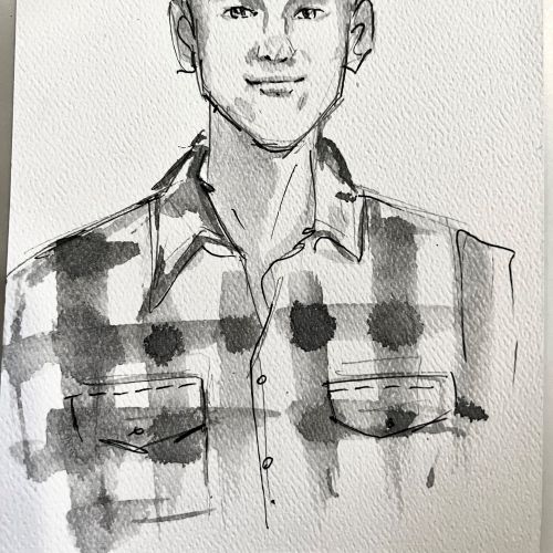 Black and white ink portrait of young man in checkered shirt by Caroline So Live Event Drawing