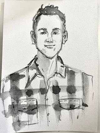Black and white ink portrait of young man in checkered shirt by Caroline So Live Event Drawing