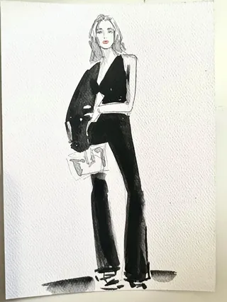 Fashion illustration of woman in black outfit by Caroline So