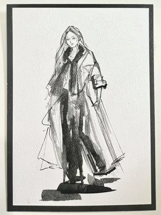 Black and white fashion sketch of a woman in long coat by Caroline So Live Event Drawing