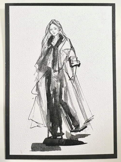 Black and white fashion sketch of a woman in long coat by Caroline So Live Event Drawing