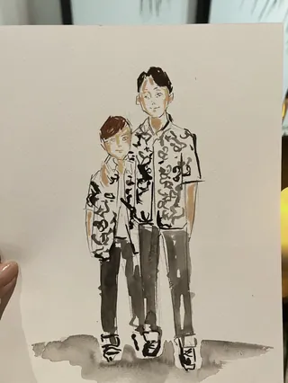 Two boys in matching patterned shirts by Caroline So Live Event Drawing
