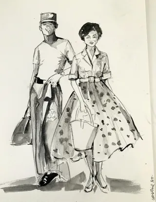 Vintage couple walking, black and white drawing by Caroline So