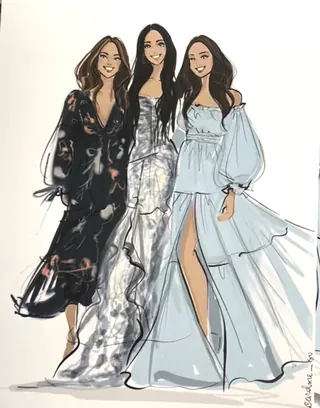 Three women in elegant evening gowns by Caroline So Live Event Drawing