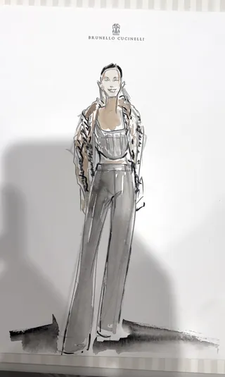Sketch of a person in a jacket and wide-leg pants fashion outfit