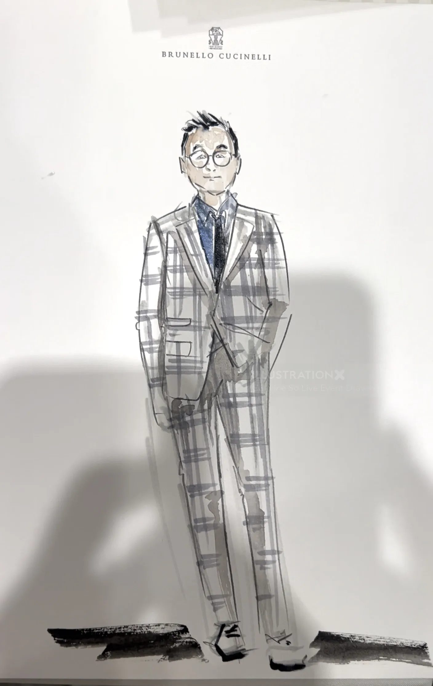 Sketch of a man wearing a checked suit and glasses standing upright.