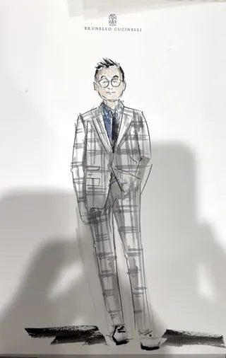 Sketch of a man wearing a checked suit and glasses standing upright.