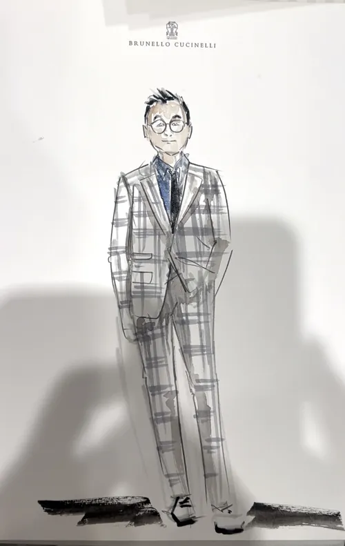Sketch of a man wearing a checked suit and glasses standing upright.