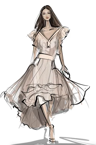 Stylish woman in a beige flowing dress fashion illustration