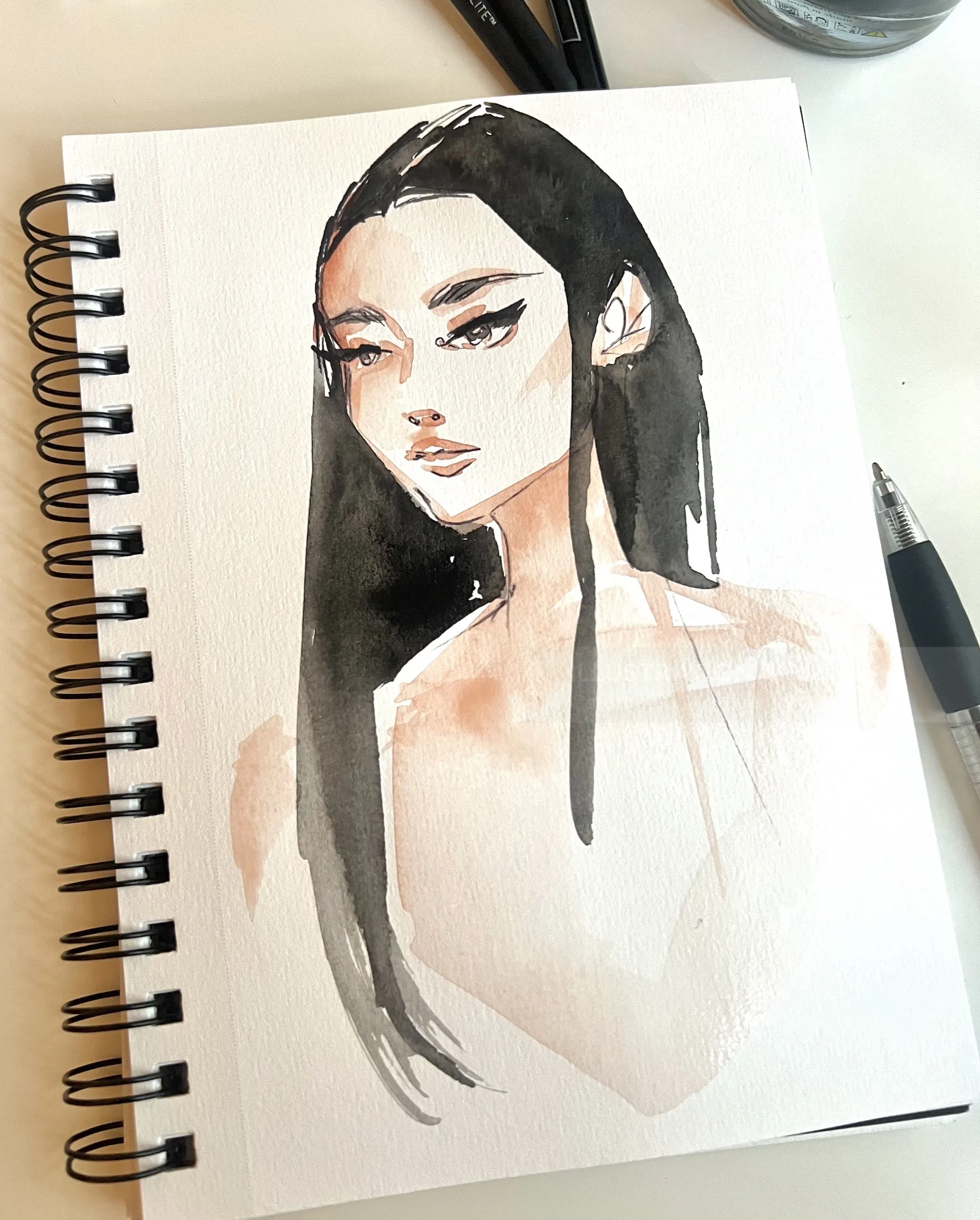 Portrait painting of a woman on vintage book page