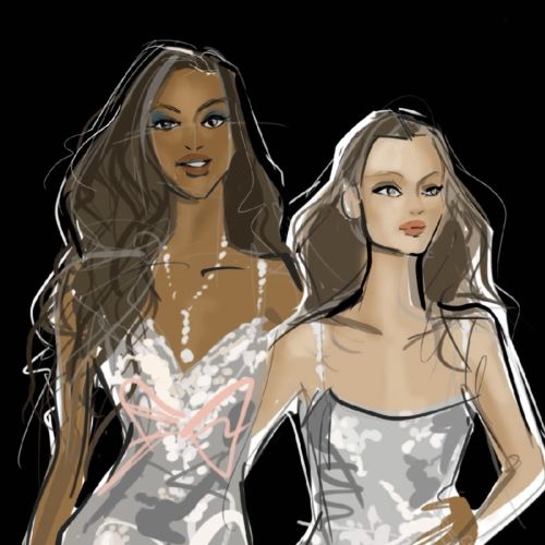 ファッションイラストで白いスタイリッシュなドレスを着た2人の女性。