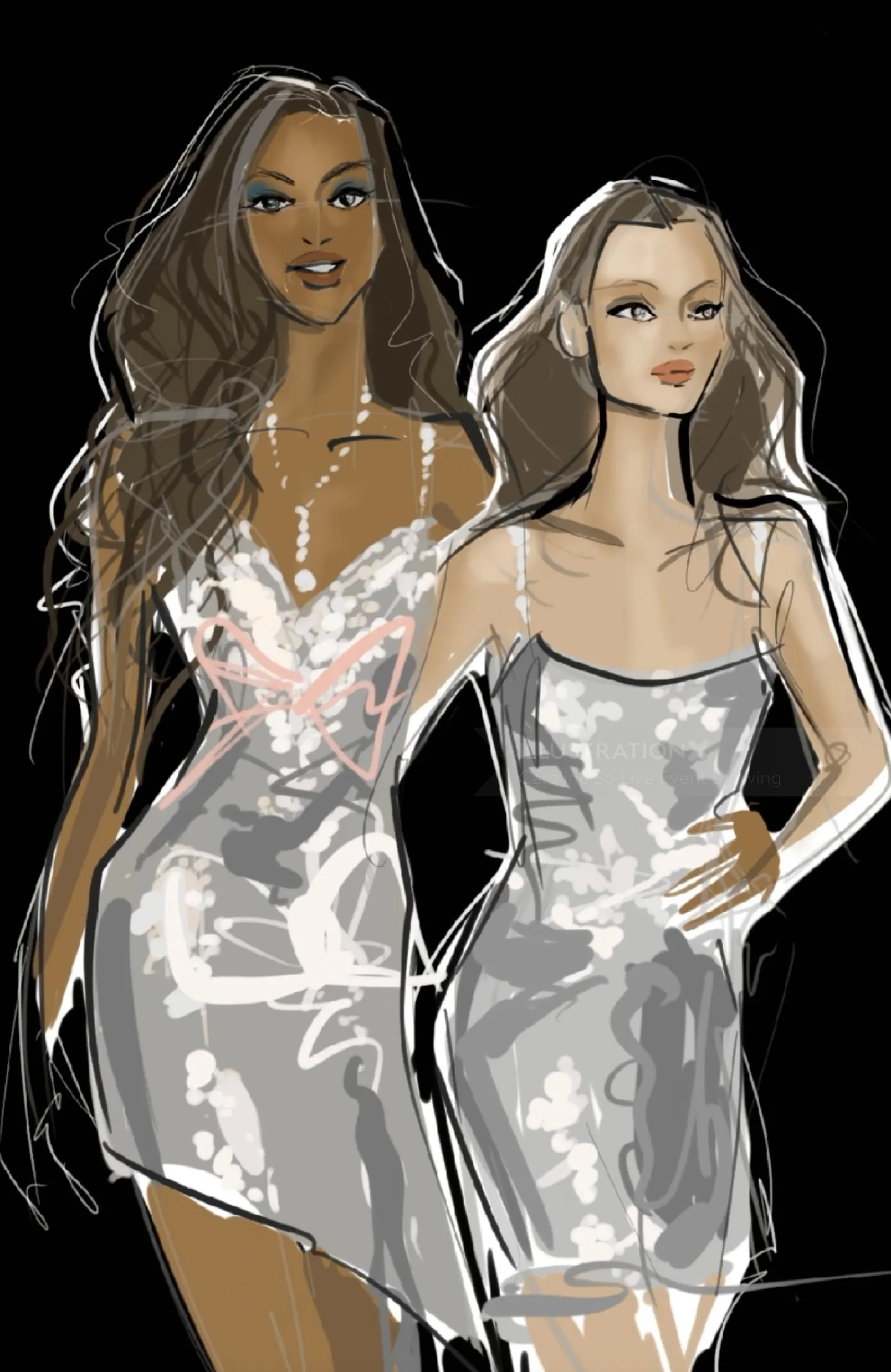 Two women wearing white stylish dresses in a fashion illustration.