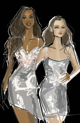Two women wearing white stylish dresses in a fashion illustration.