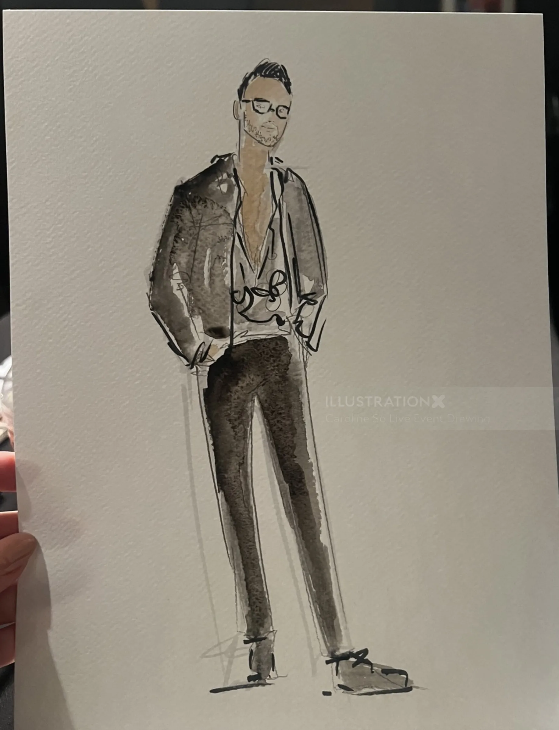 Watercolor fashion illustration of a man wearing a suit and glasses