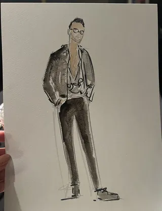 Watercolor fashion illustration of a man wearing a suit and glasses