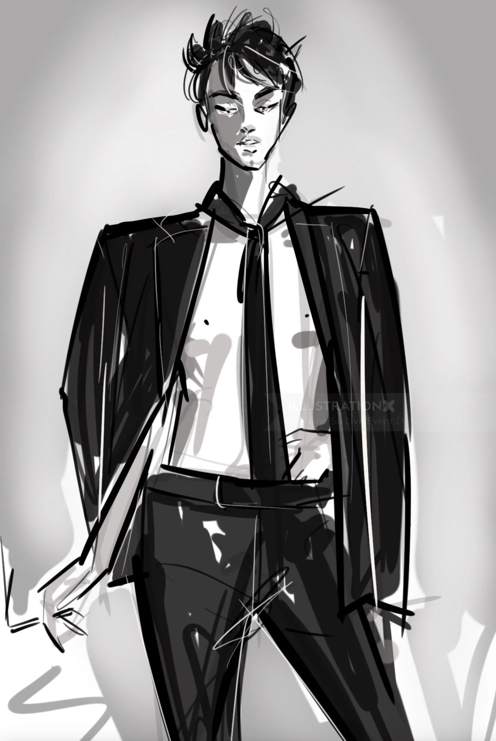 Monochrome sketch of confident young man wearing suit and tie