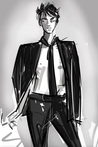 Monochrome sketch of confident young man wearing suit and tie