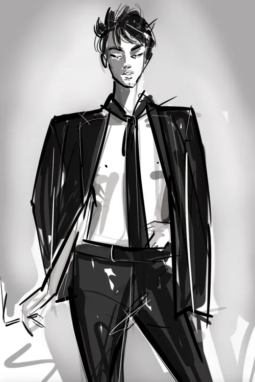 Monochrome sketch of confident young man wearing suit and tie