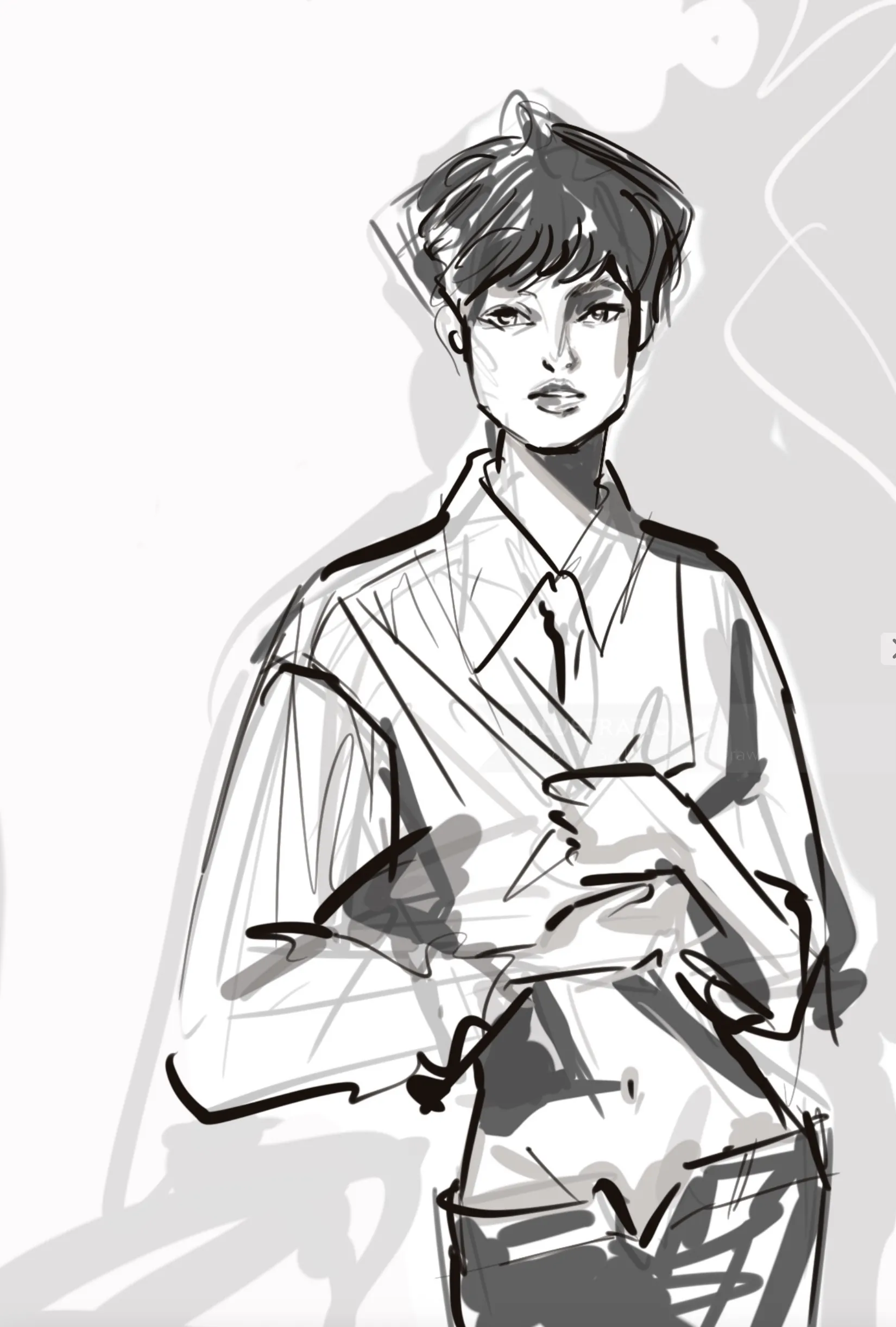 Monochrome sketch of a young person with short hair and casual clothing