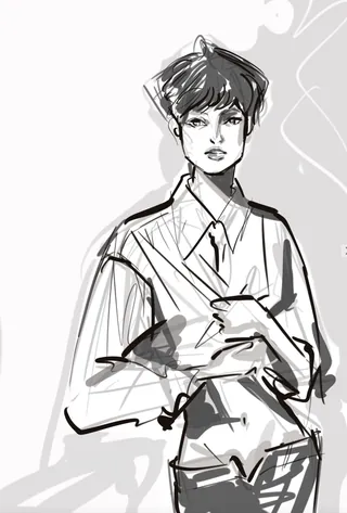 Monochrome sketch of a young person with short hair and casual clothing