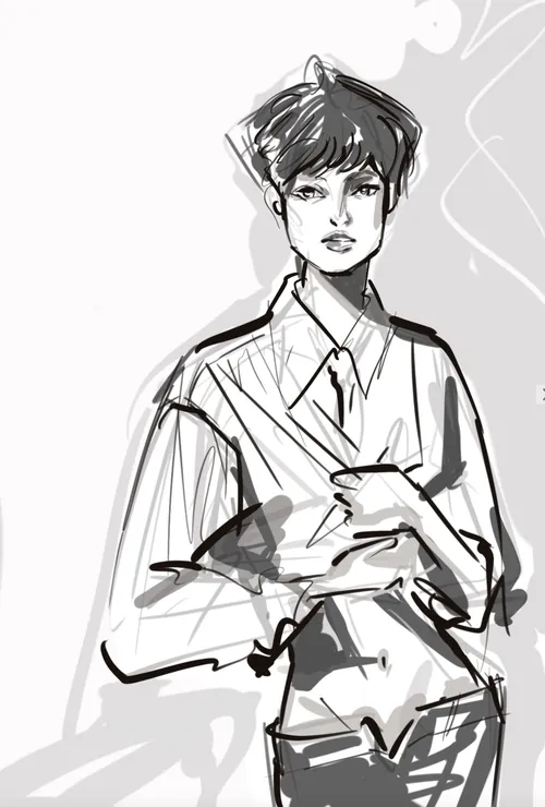 Monochrome sketch of a young person with short hair and casual clothing