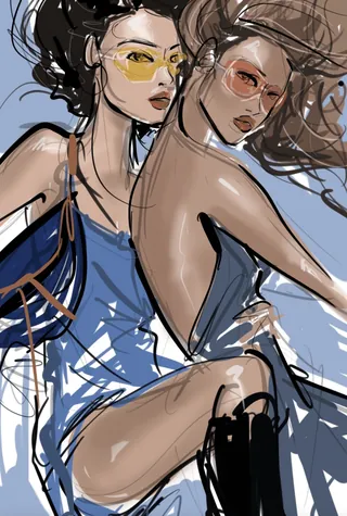 Stylish women in sunglasses and fashionable attire illustration