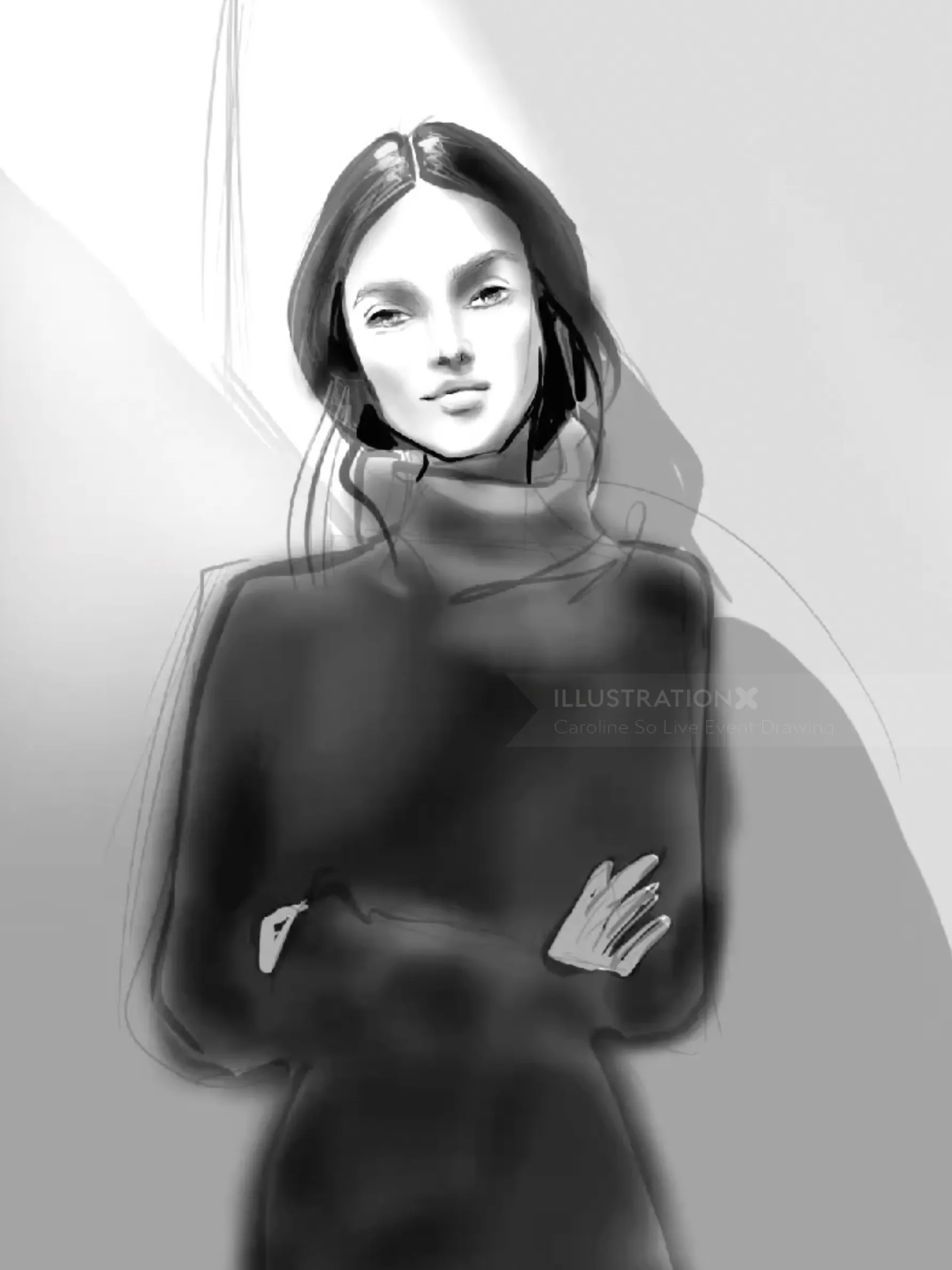 Monochrome illustration of a woman wearing a turtleneck sweater with arms crossed